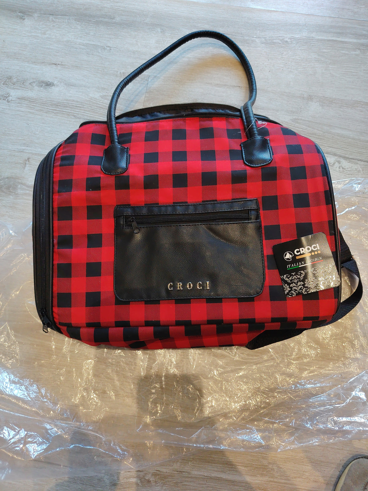 Borsa bellissima cane gatto lumberjack croci a scacchi rosso nera anche a tracolla 40x22x26 cm