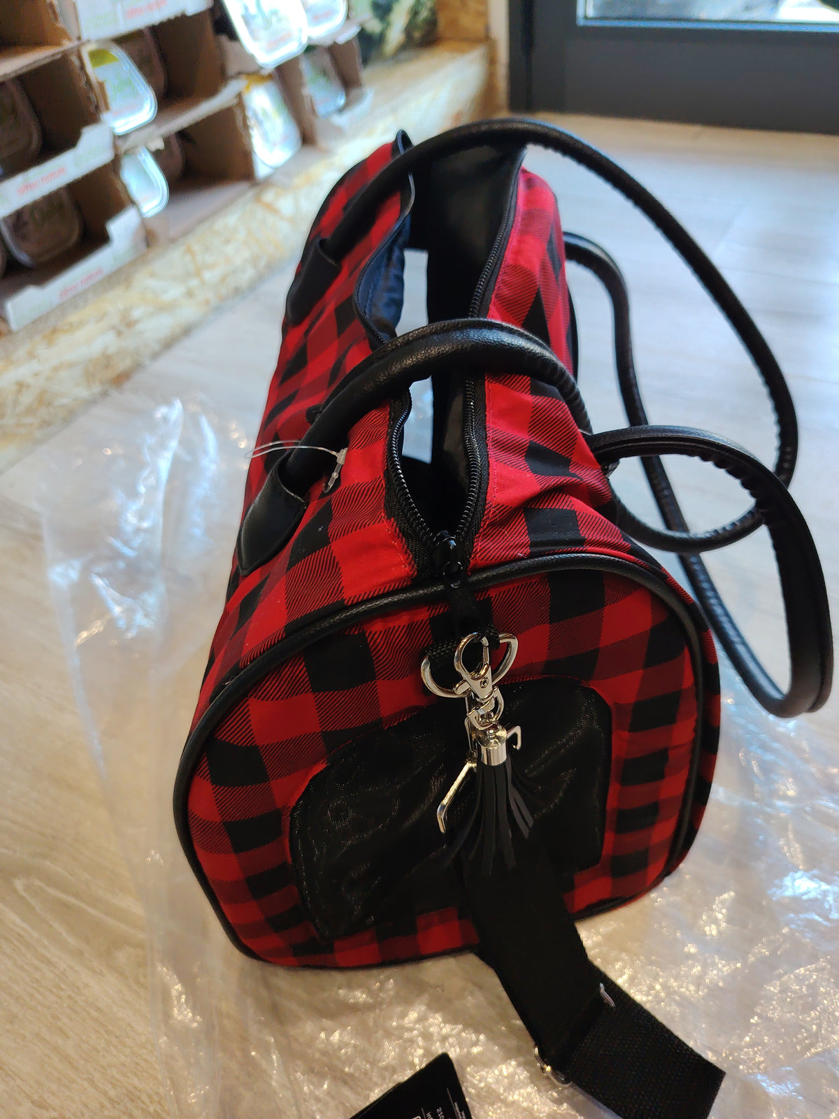 Borsa bellissima cane gatto lumberjack croci a scacchi rosso nera anche a tracolla 40x22x26 cm
